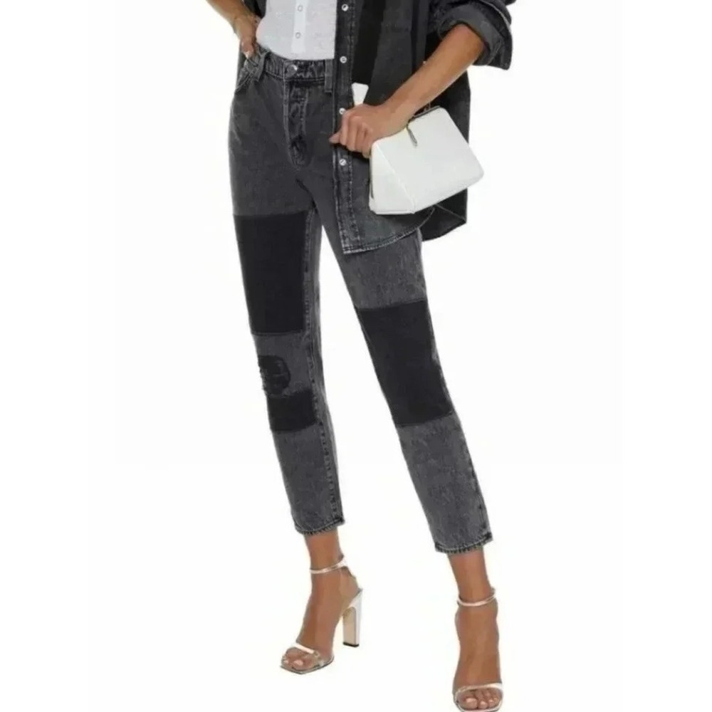 NWT IRO Lep Patchwork Straight Leg Ankle Jeans Washed Black Distressed Denim 25